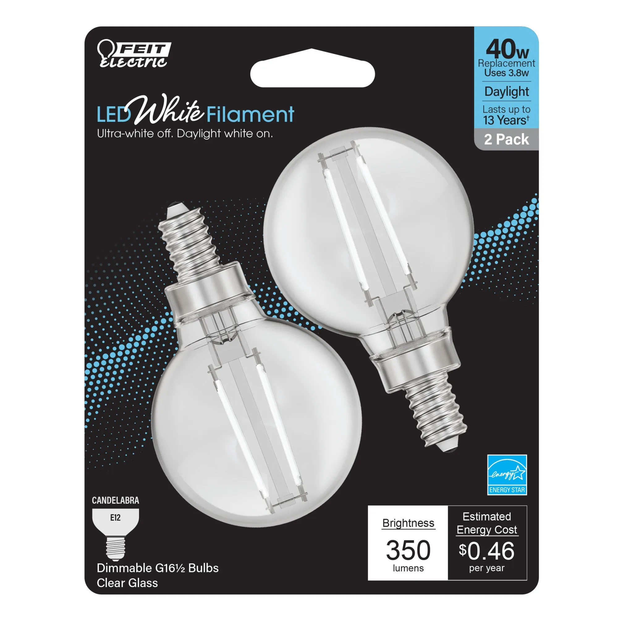 3.8 W (40W Equivalent) Daylight (5000K) G16 1/2 Globe Shape (E12 Base) Exposed White Filament LED Bulb (2-Pack)