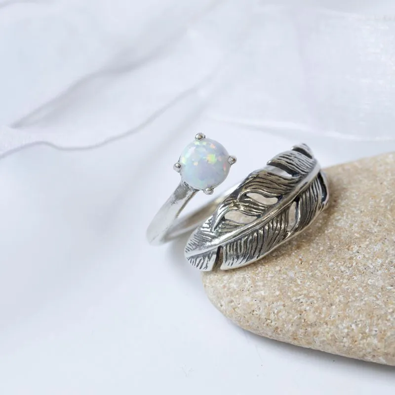 925 Sterling Silver Feather Adjustable Ring with White Opal  gemstone