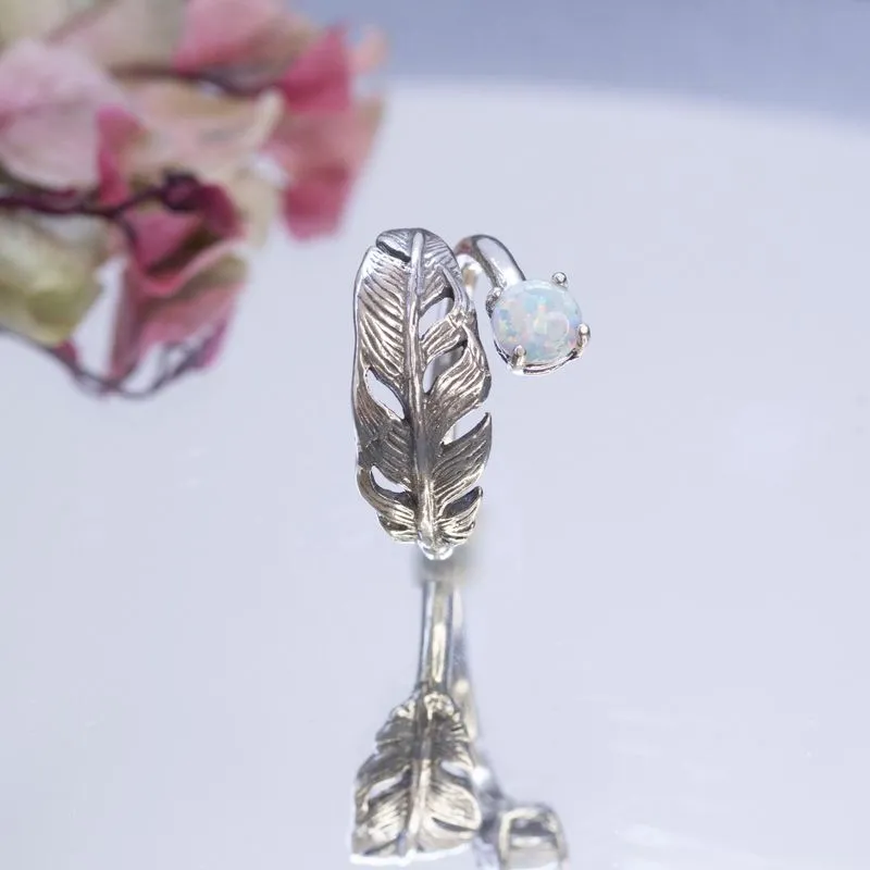 925 Sterling Silver Feather Adjustable Ring with White Opal  gemstone