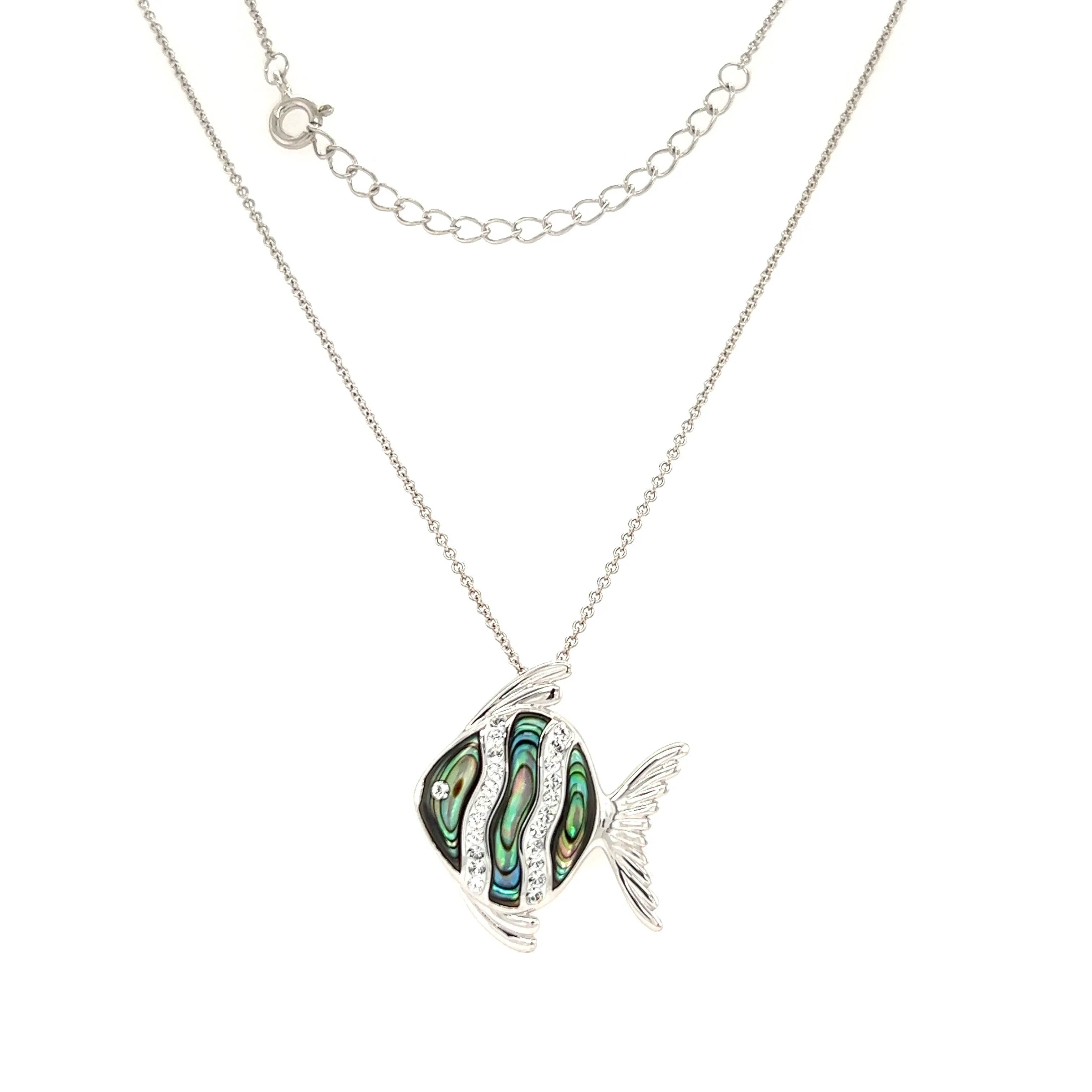 Abalone Shell Fish Necklace with White Crystals in Sterling Silver