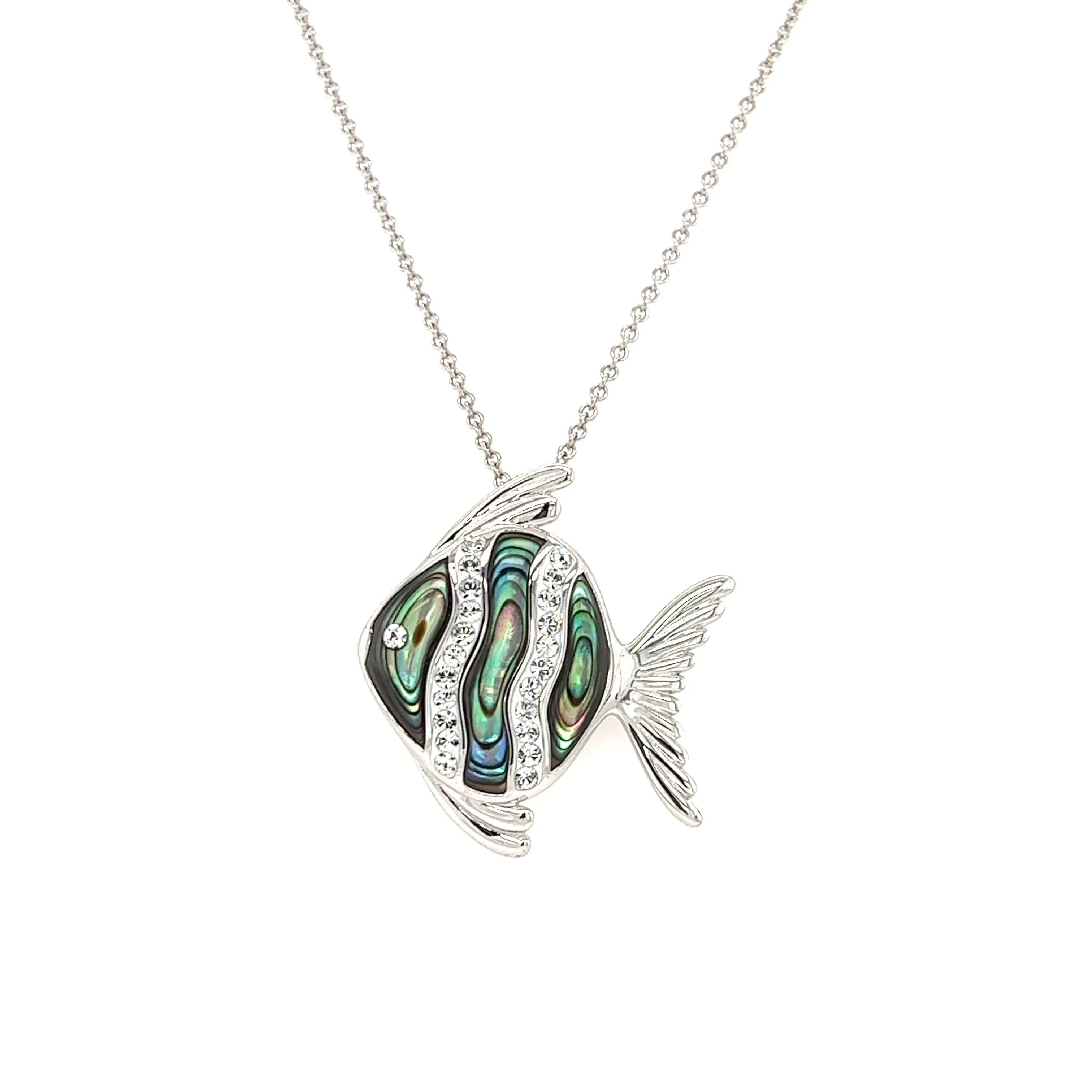 Abalone Shell Fish Necklace with White Crystals in Sterling Silver