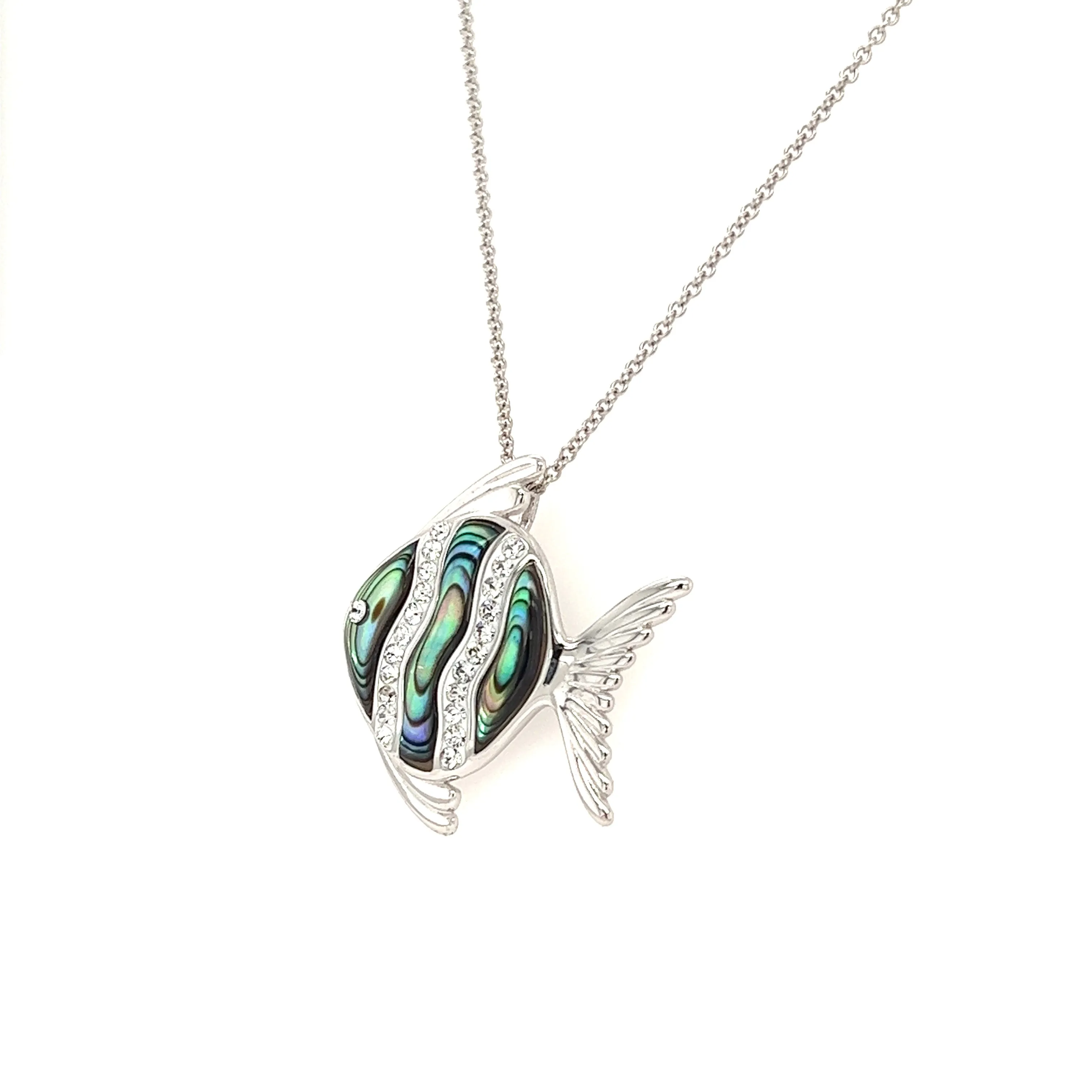 Abalone Shell Fish Necklace with White Crystals in Sterling Silver