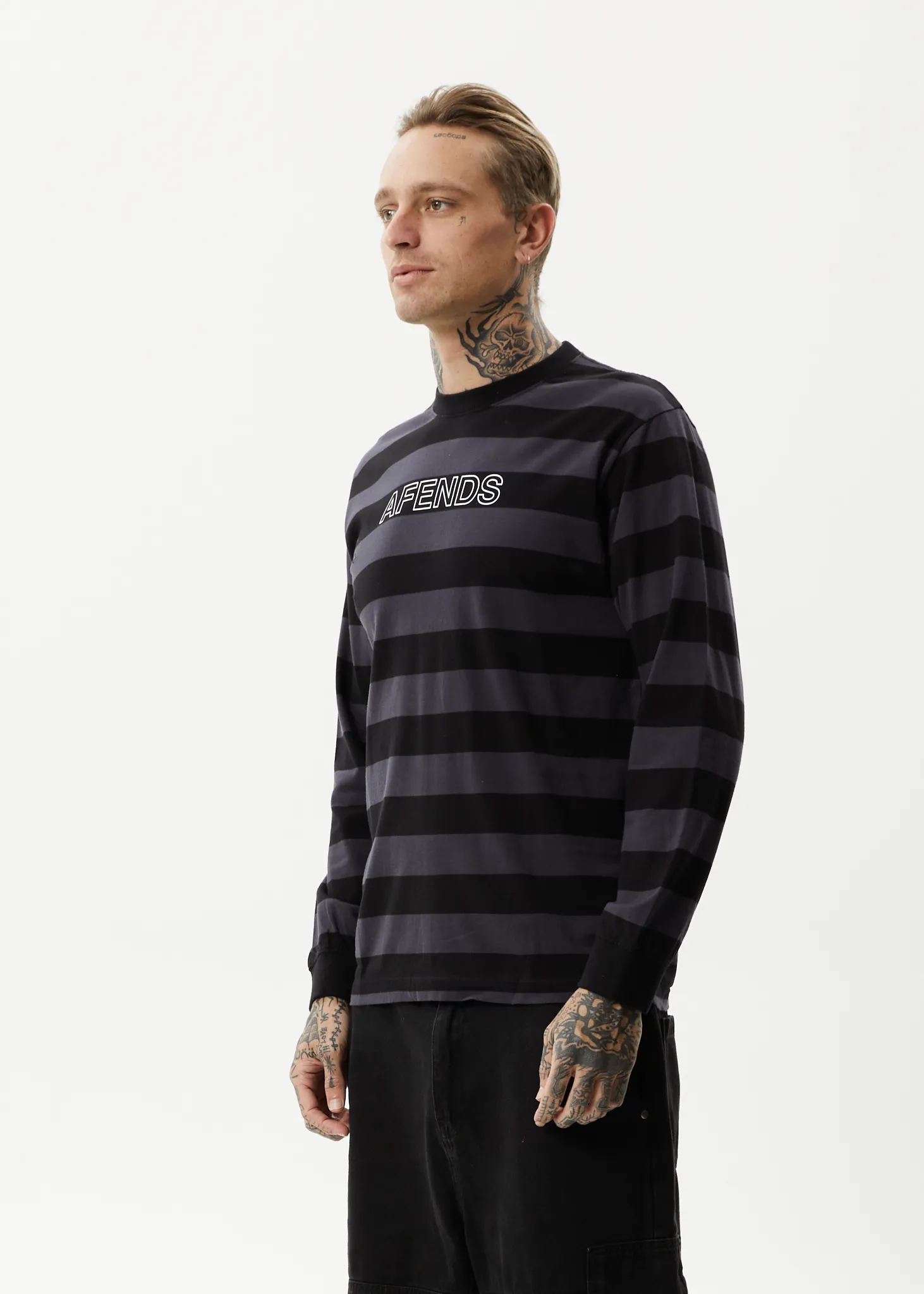 AFENDS Mens Sideline - Long Sleeve Striped T-Shirt - Black