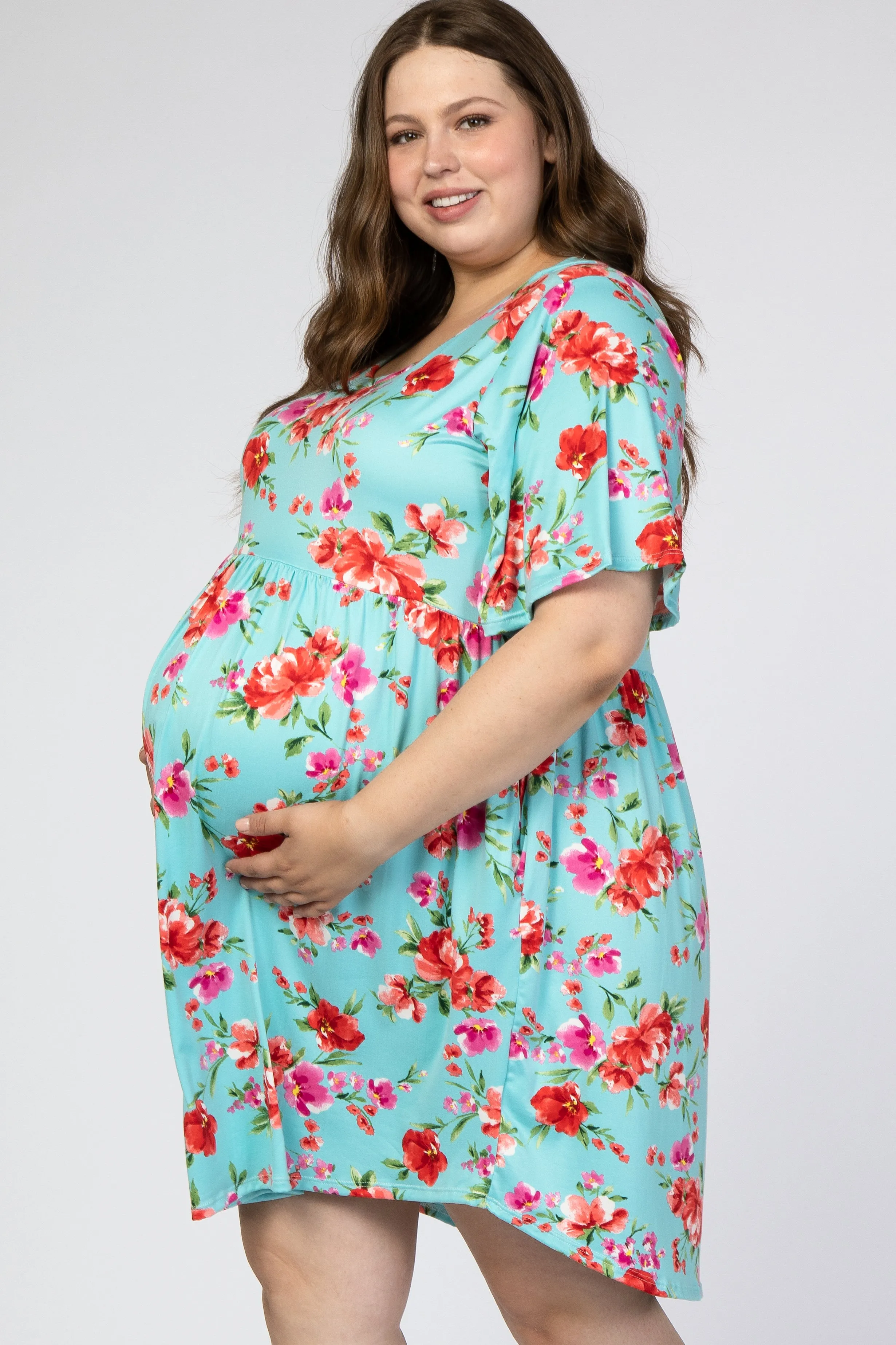 Aqua Floral Printed Maternity Plus Dress