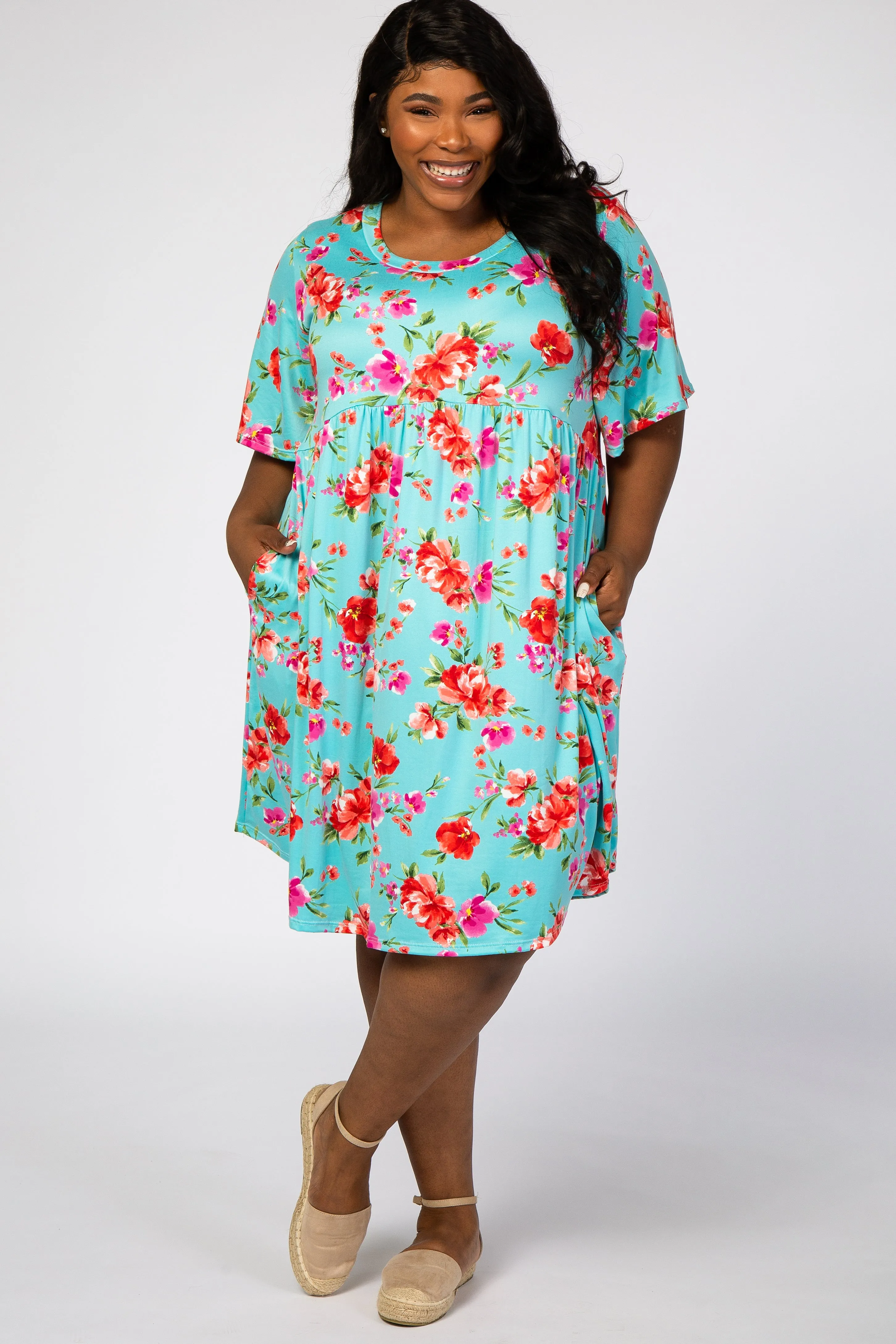 Aqua Floral Printed Maternity Plus Dress