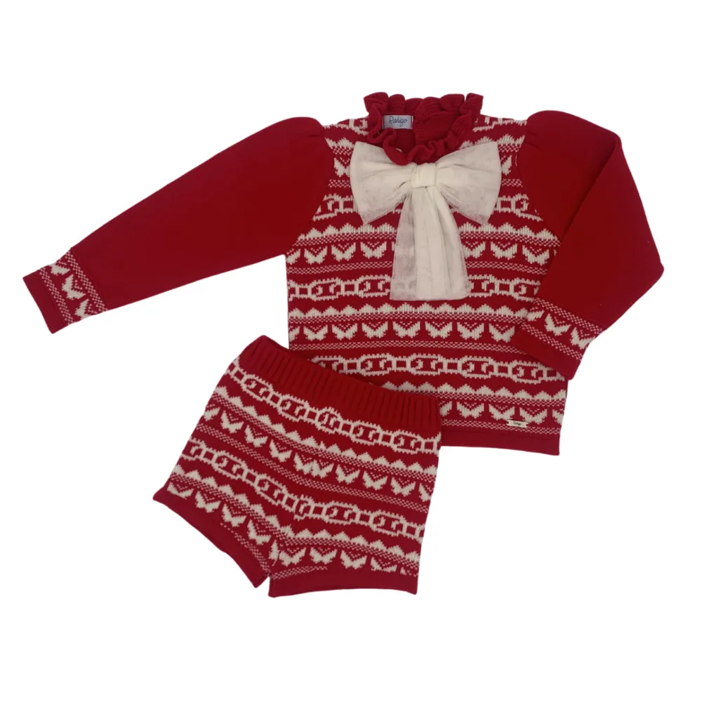 AW Rahigo Girls Red Bow Knitted Shorts Set