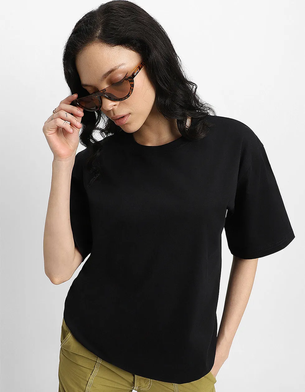 AWFUL Women Black Back Puff Printed Oversized Tshirt