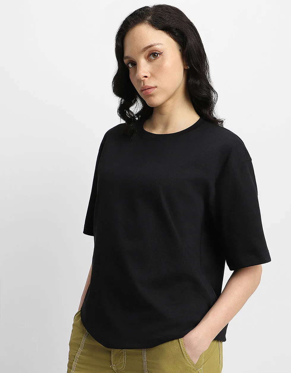 AWFUL Women Black Back Puff Printed Oversized Tshirt