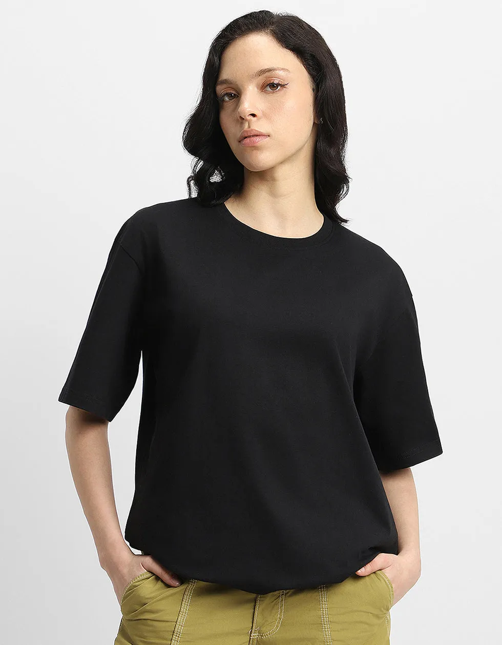 AWFUL Women Black Back Puff Printed Oversized Tshirt