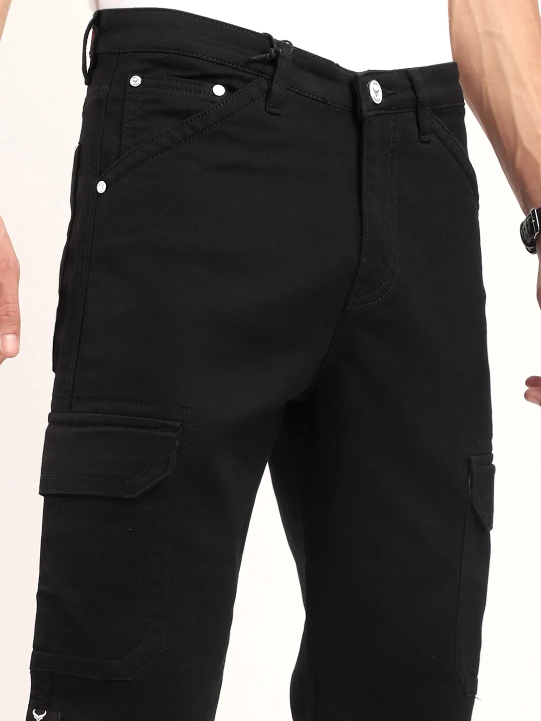 Black Knitting Baggy Fit Denim Cargo