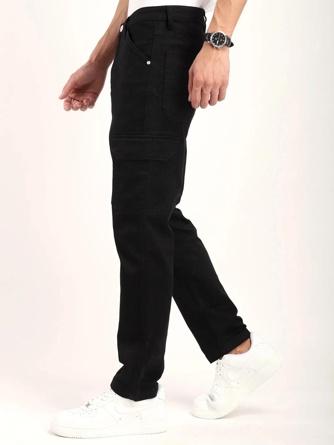 Black Knitting Baggy Fit Denim Cargo