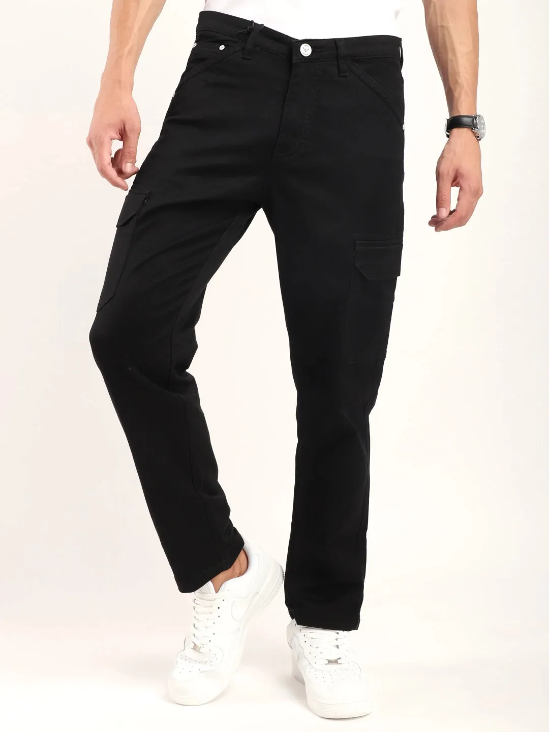 Black Knitting Baggy Fit Denim Cargo