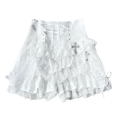 Blood Supply Salvation Gothic Punk Cross Chain White Lace Short Cake Culotte Shorts