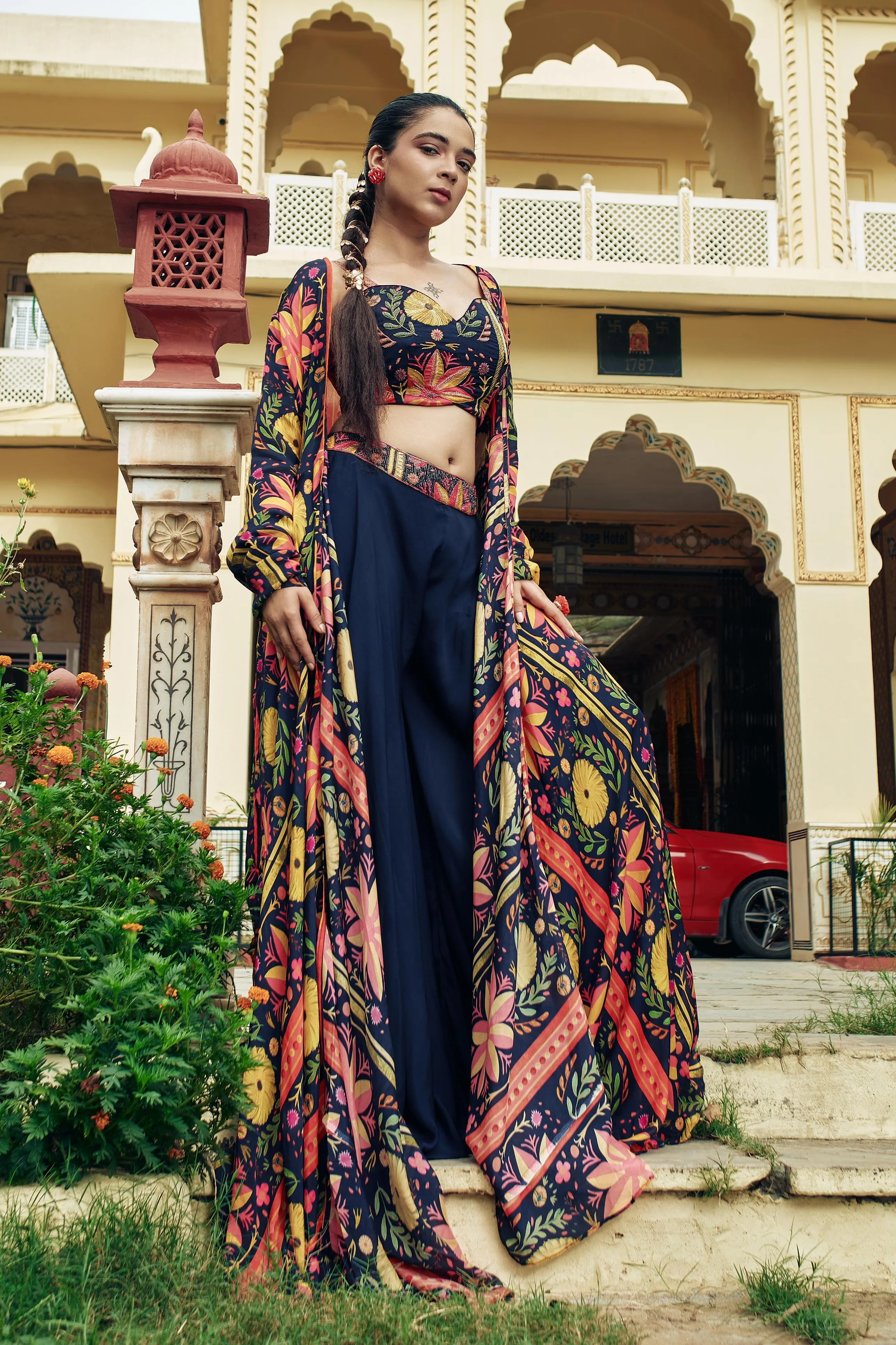 Blue Floral Printed Crepe Silk Cape Set