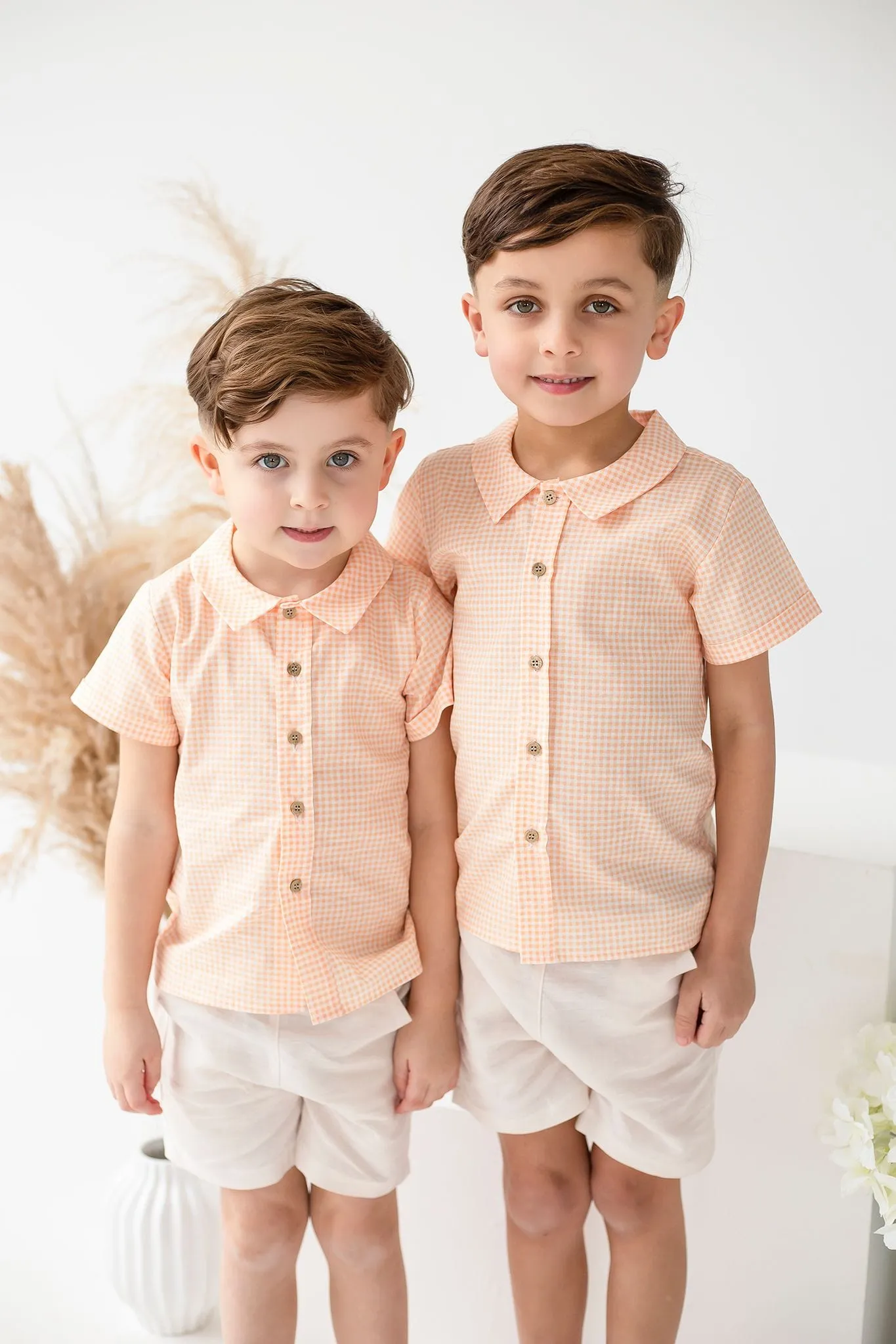 Boys Babidu Orange Gingham Shirt and Short Set