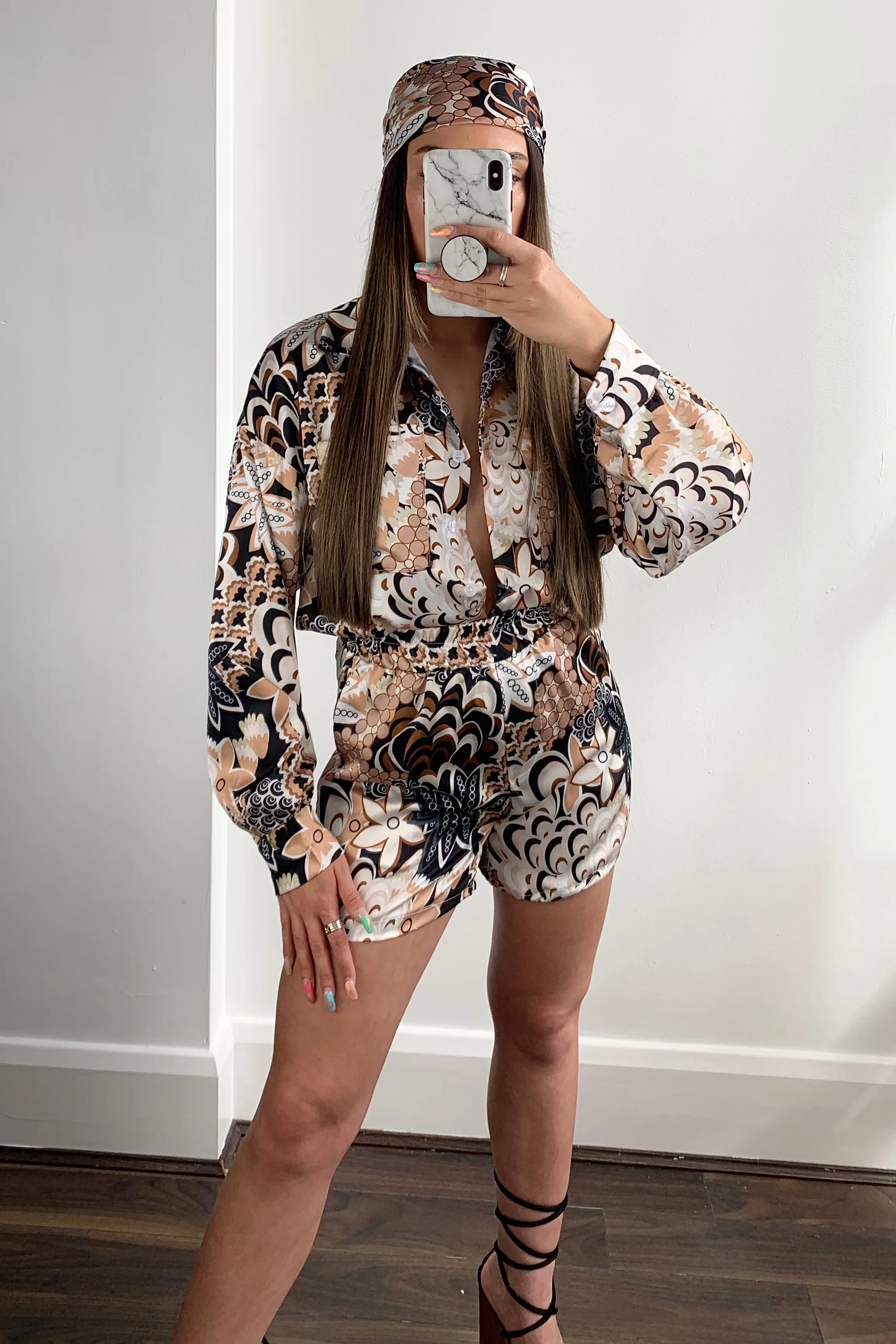 Brown Printed Satin Bandana Shorts and Shirt 3 Piece Set