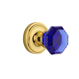 Classic Rosette with Cobalt Waldorf Knob in Unlacquered Brass