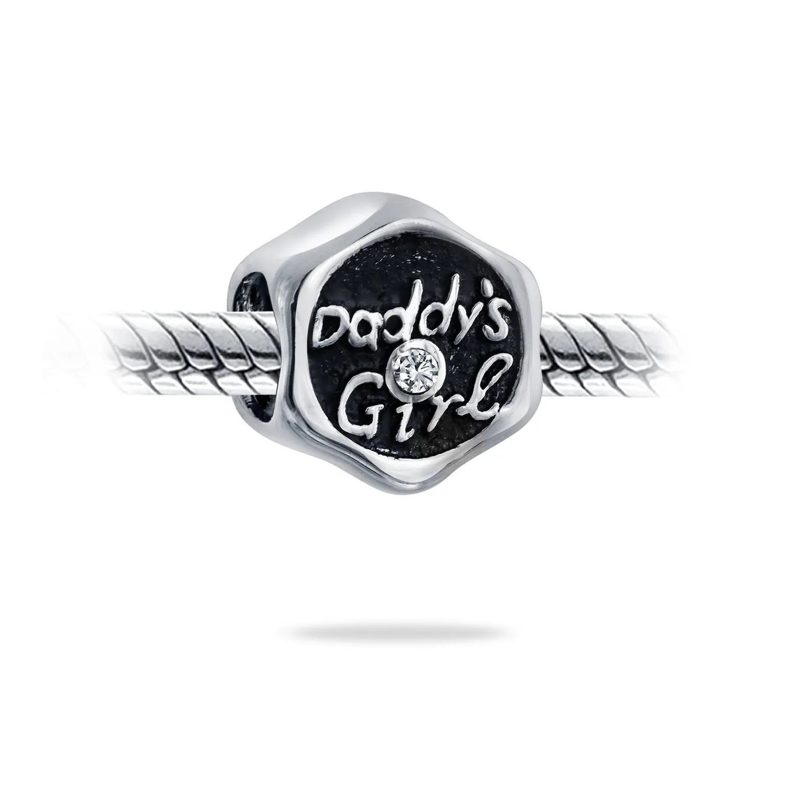 Daddys Girl Words Fathers Love Daughter CZ Charm Bead .925 Silver