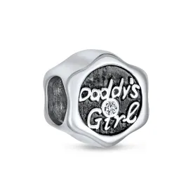 Daddys Girl Words Fathers Love Daughter CZ Charm Bead .925 Silver