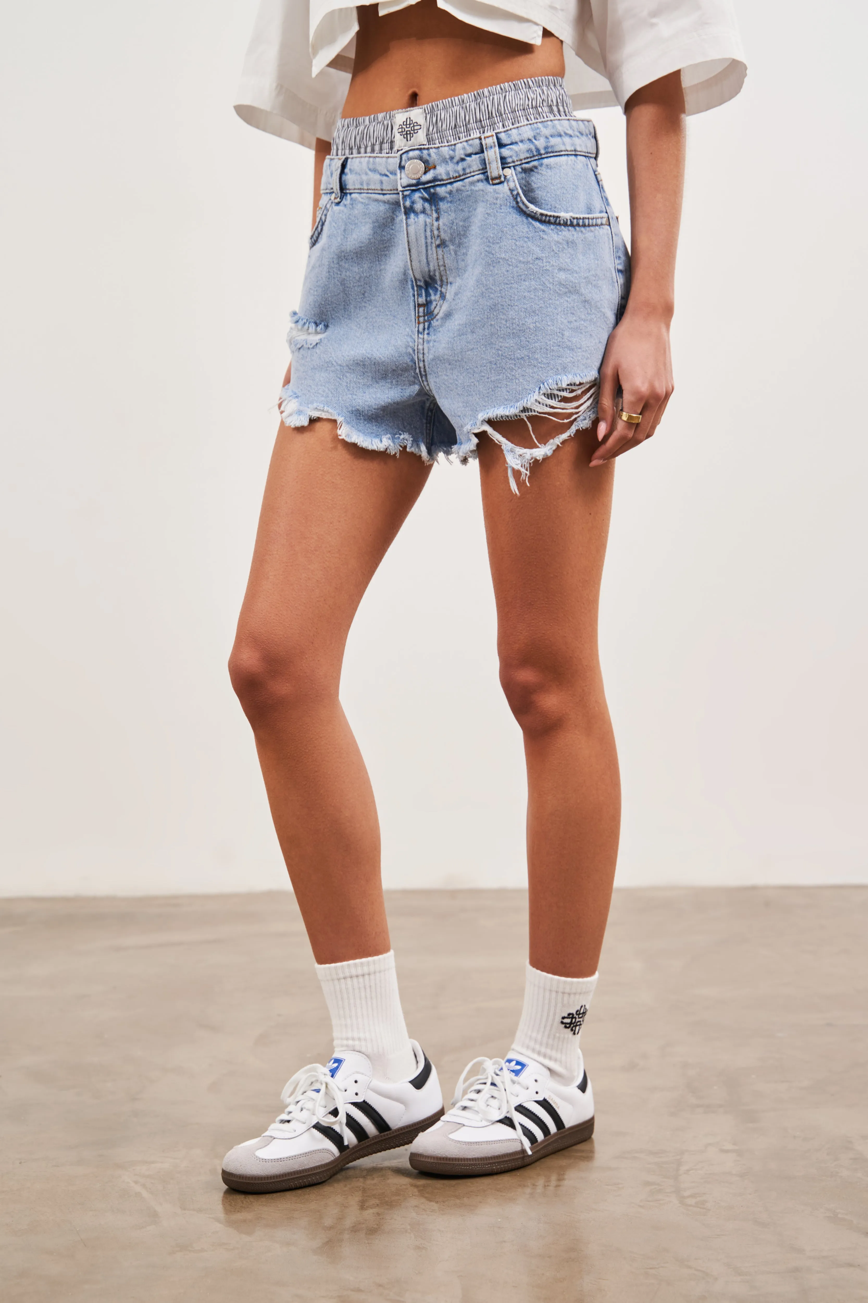 DOUBLE LAYER BOXER DENIM SHORTS - BLUE WASH