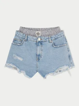 DOUBLE LAYER BOXER DENIM SHORTS - BLUE WASH