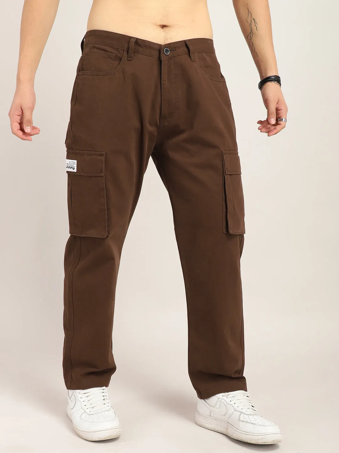 Drippy Dark Brown Cotton Twill Plus Size Cargo