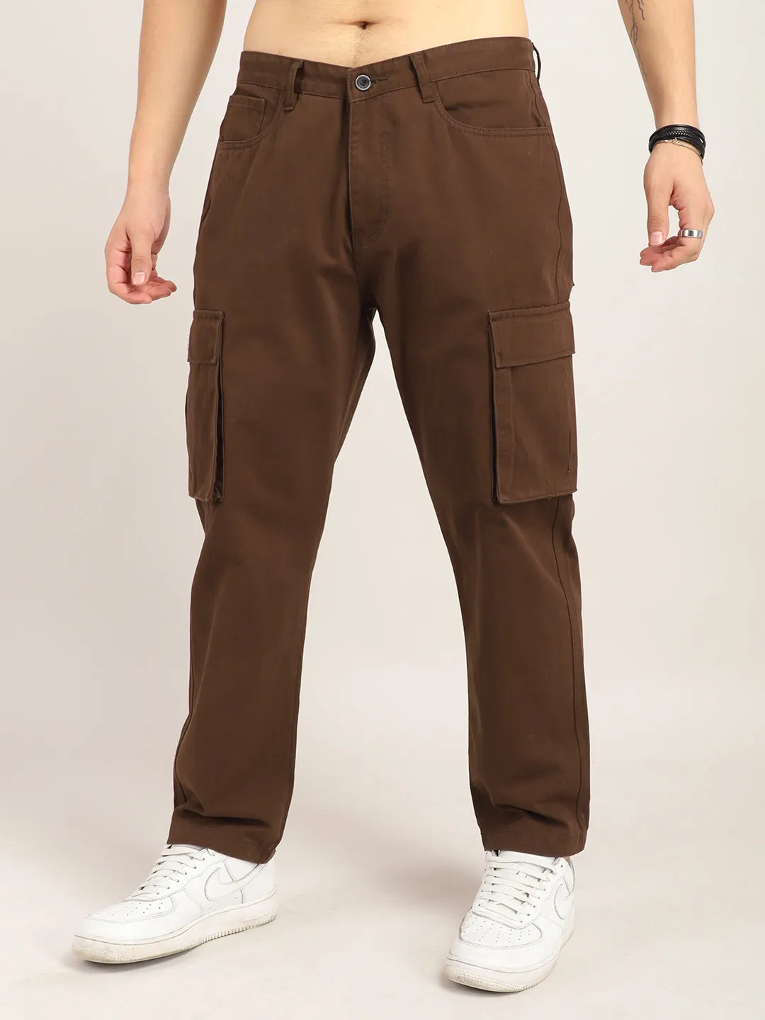 Drippy Dark Brown Cotton Twill Plus Size Cargo