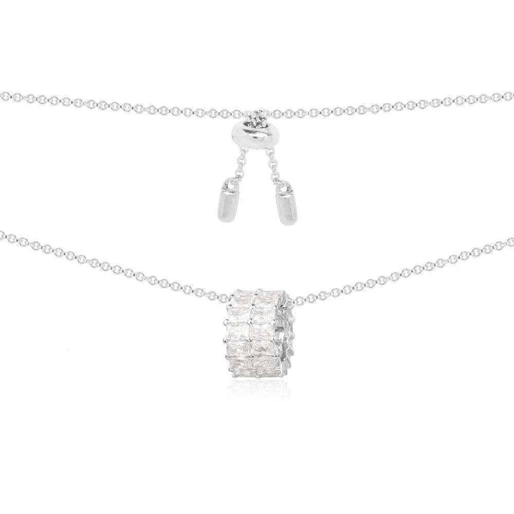 Eclat Adjustable Necklace with Double Row Ring - White Silver