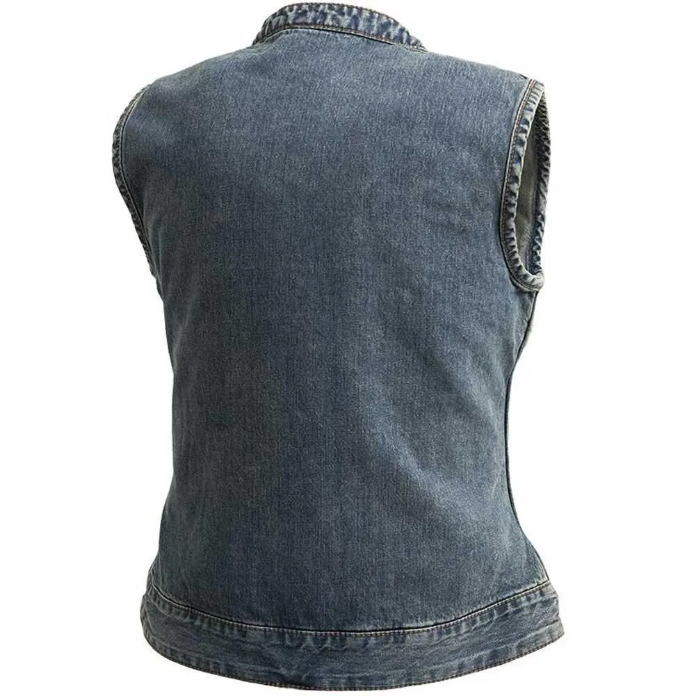 First Mfg Womens Lexy Washed Denim Motorcycle Vest