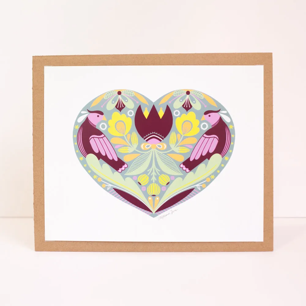 floral folk art heart art print, PA Dutch Fraktur heart print, colorful heart wall art, modern fraktur art for gallery wall