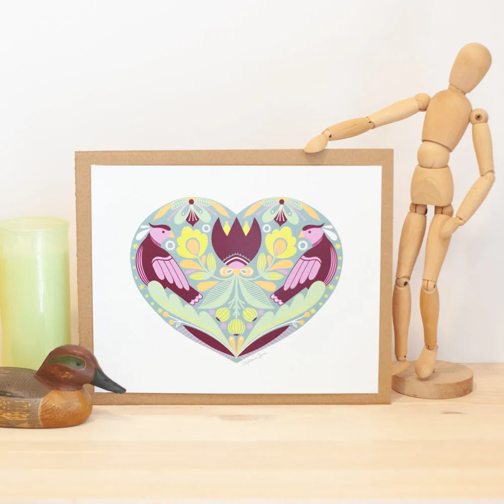 floral folk art heart art print, PA Dutch Fraktur heart print, colorful heart wall art, modern fraktur art for gallery wall