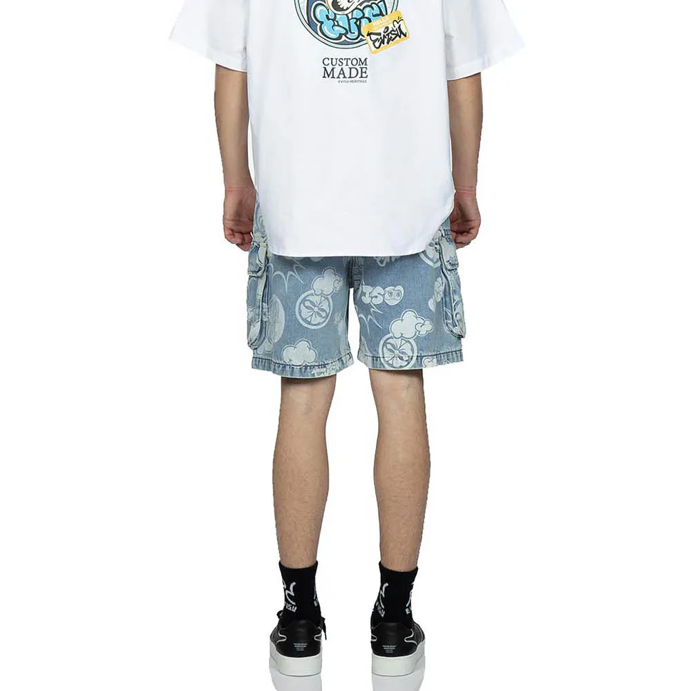 GRAFFITI DARUMA AND KAMON DISCHARGED PRINT DENIM CARGO SHORTS