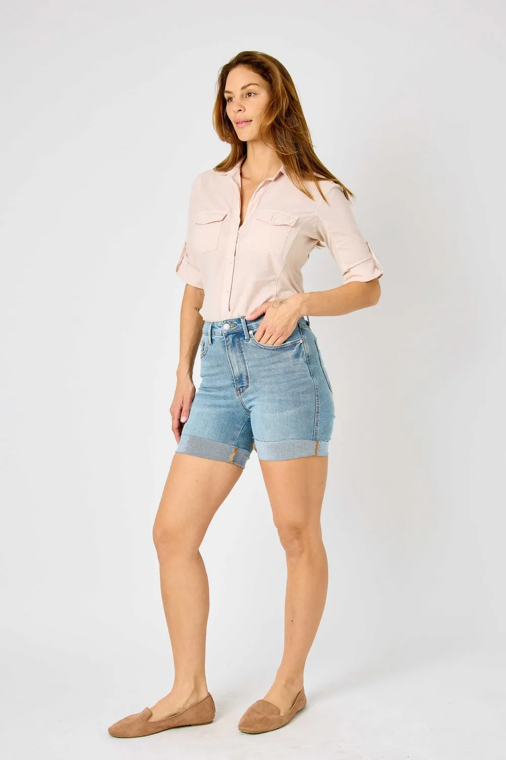 Kimberly High Rise Tummy Control Cool Denim Shorts - PLUS