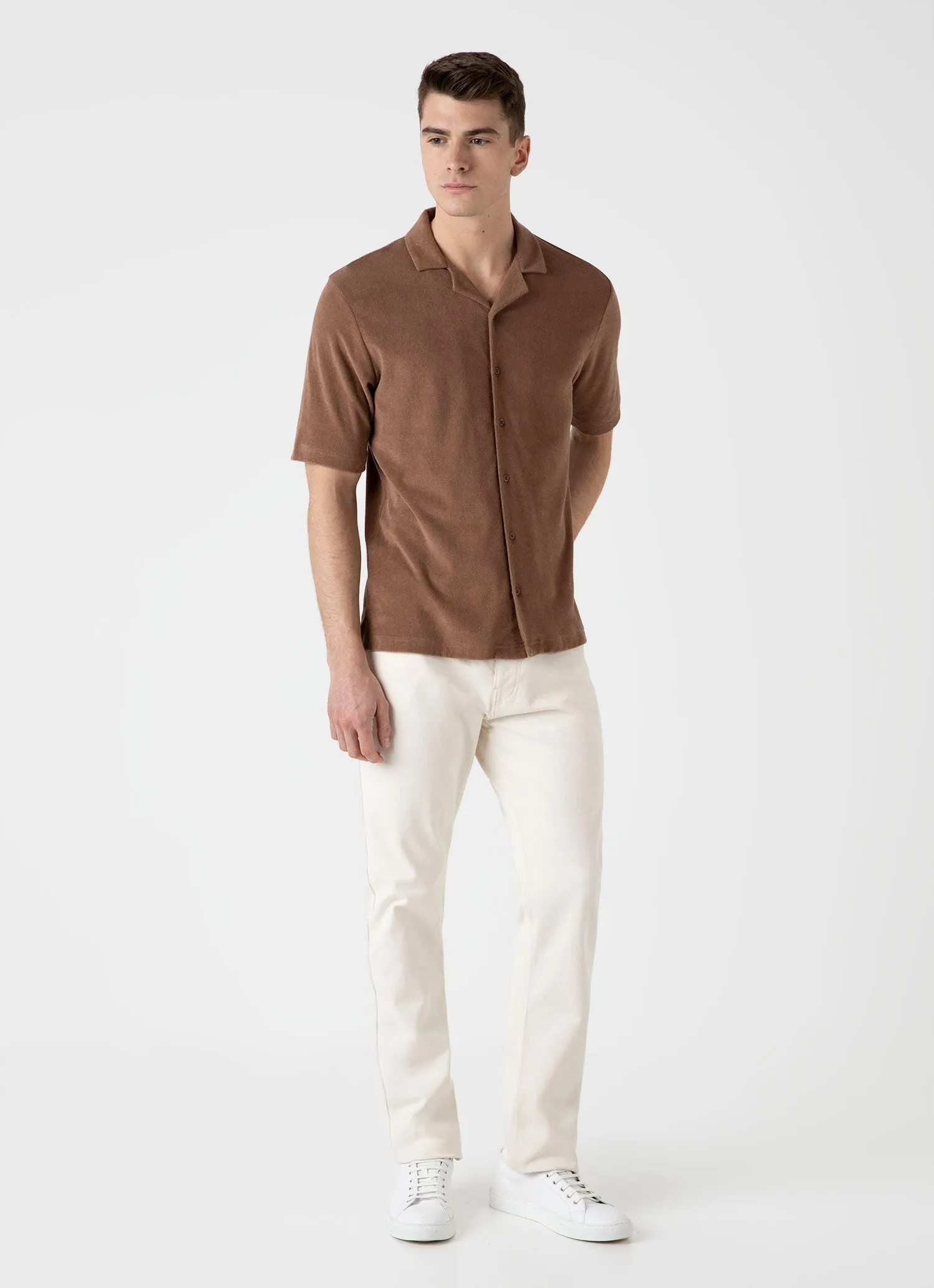 Men's Towelling Camp Collar Shirt in Dark Sand