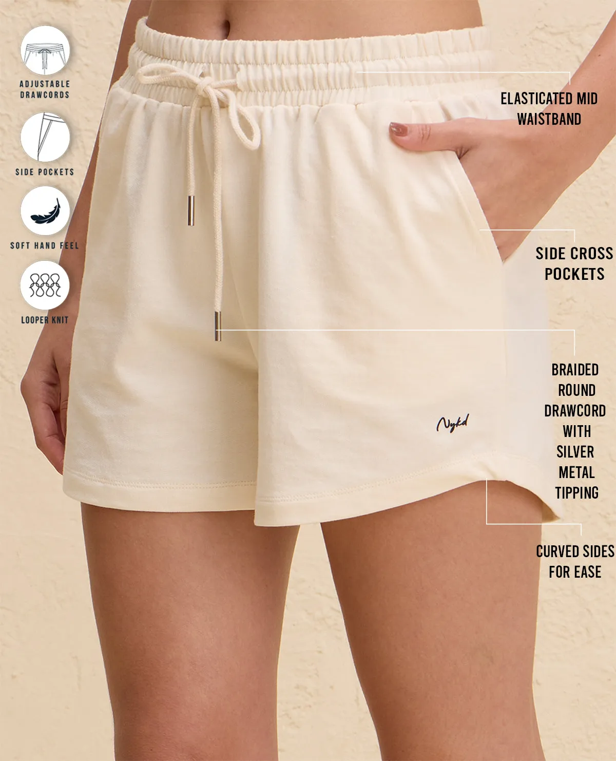 Nykd By Nykaa Summer Essential Peppy All Day Comfort Cotton Terry Shorts -NYAT504-Ecru