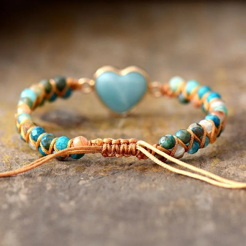 Onyx & Amazonite Heart Charm Braided Bracelet