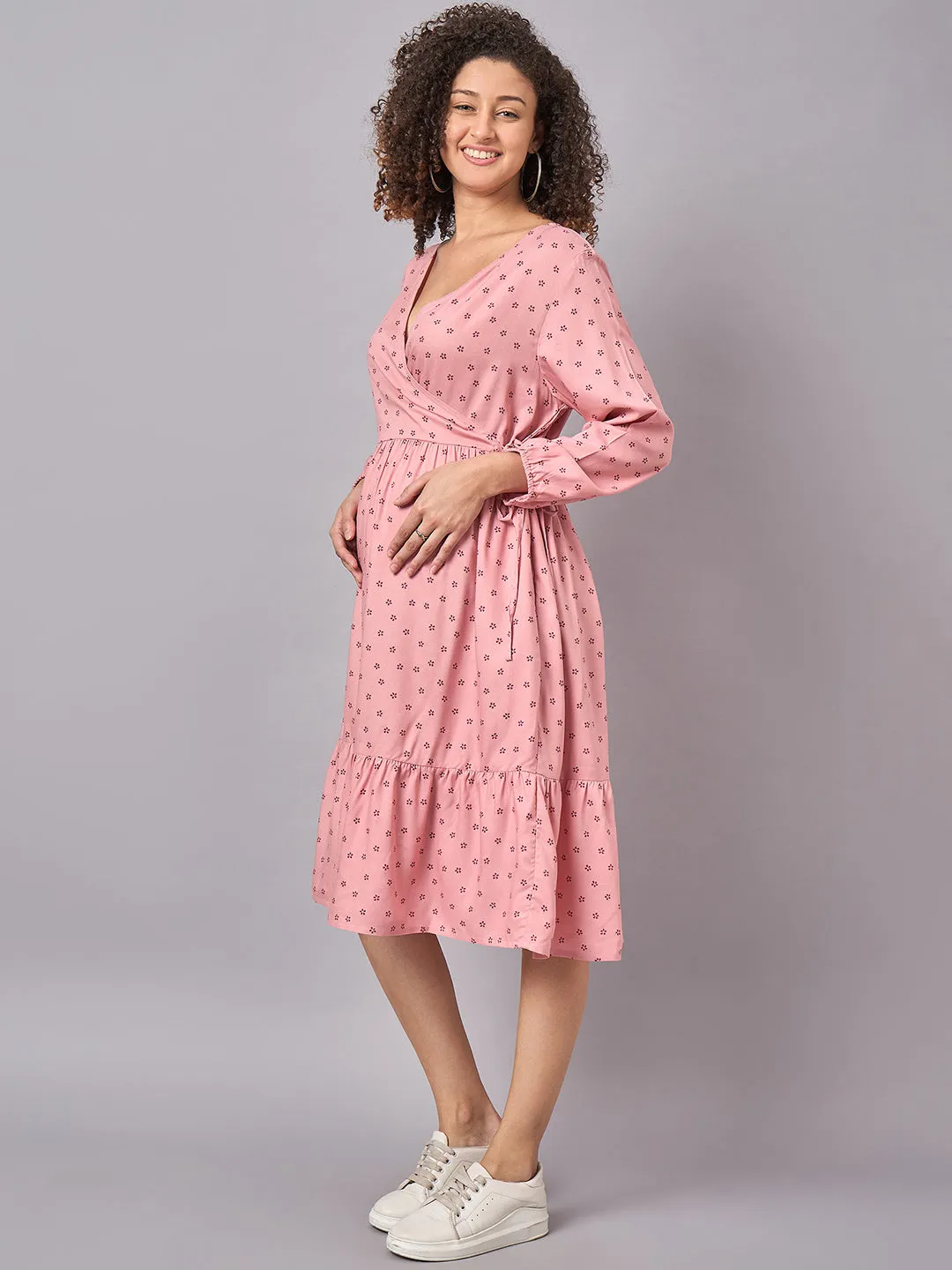 Pink Floral Printed Maternity and Nursing Dress with Side Wrap