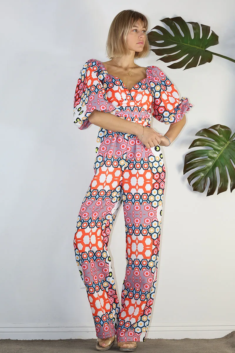 Playful Puff Sleeve Print Jumpsuit