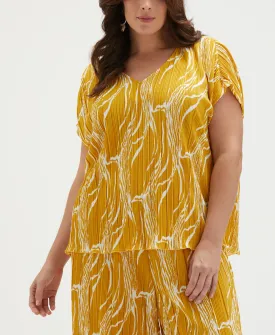 Plus Size Ripple Print V-Neck Plisse Top