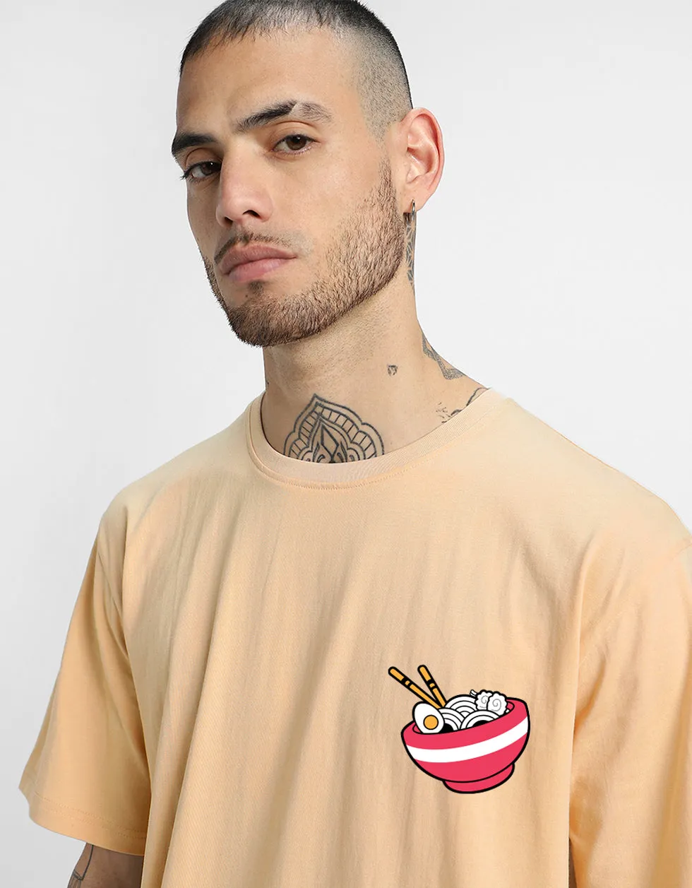 RAMEN Printed Beige Oversized Back Graphic Printed Tshirt