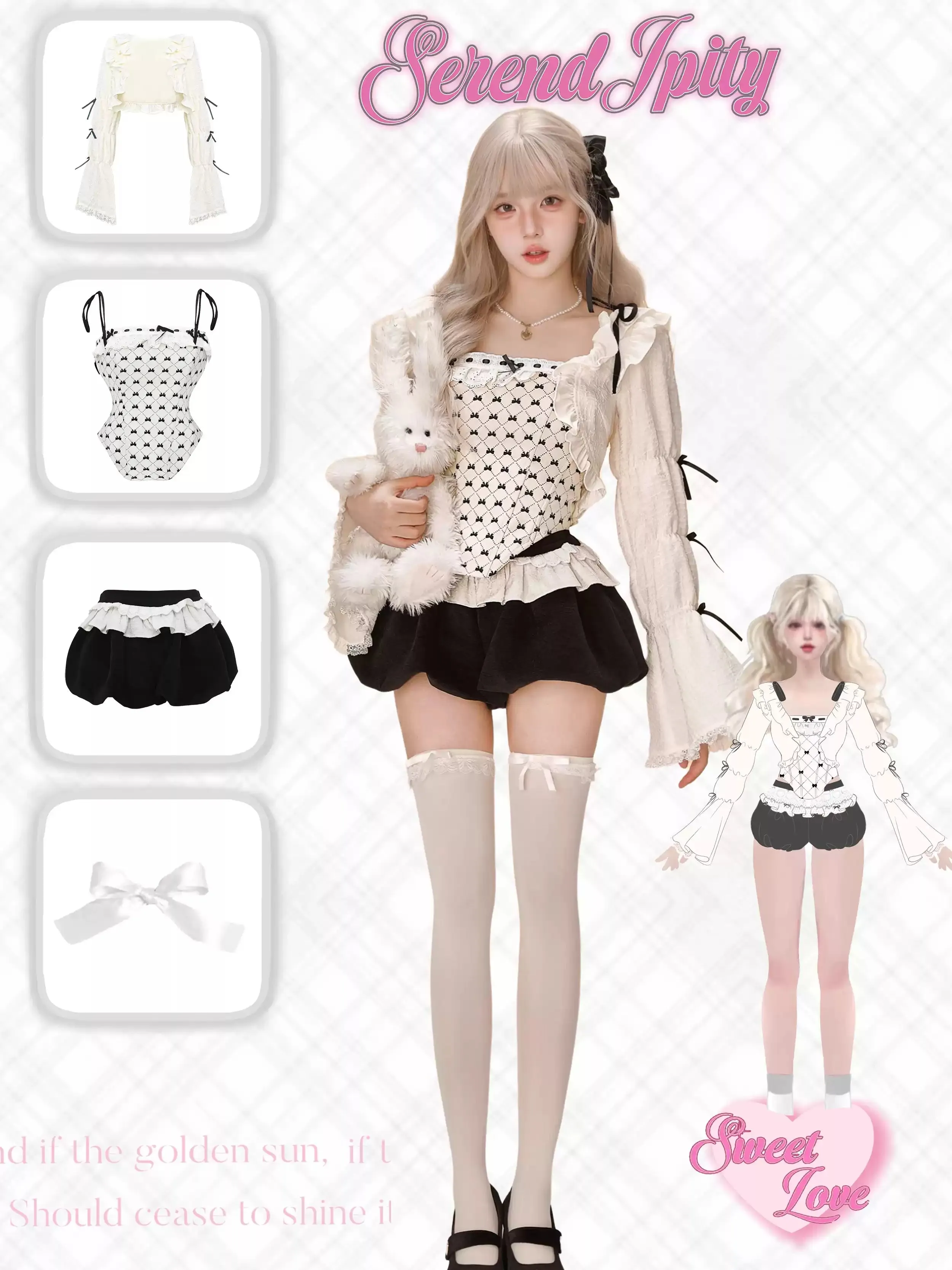 Serendipity Doll Series Cream Bow Corset & Cardigan & Black Velvet Bloomers Three Piece Set