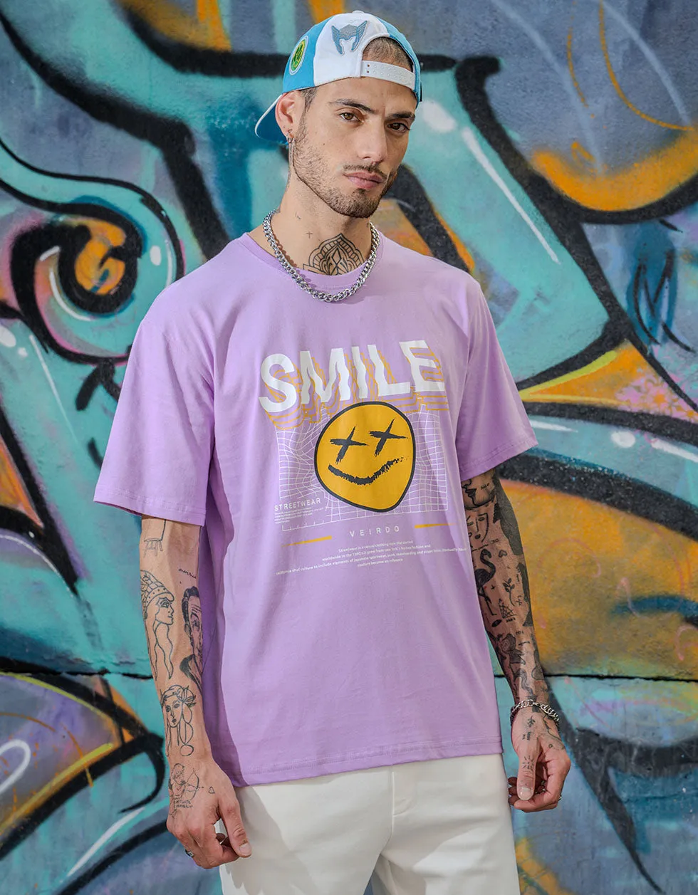 Smile Lilac Oversized Chest Graphic Printed Tshirt