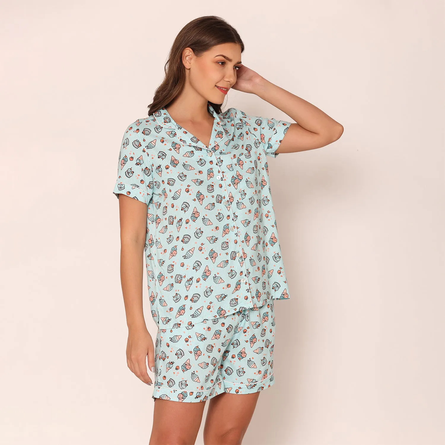 Women's Printed Shirt & Shorts Night Suit Set