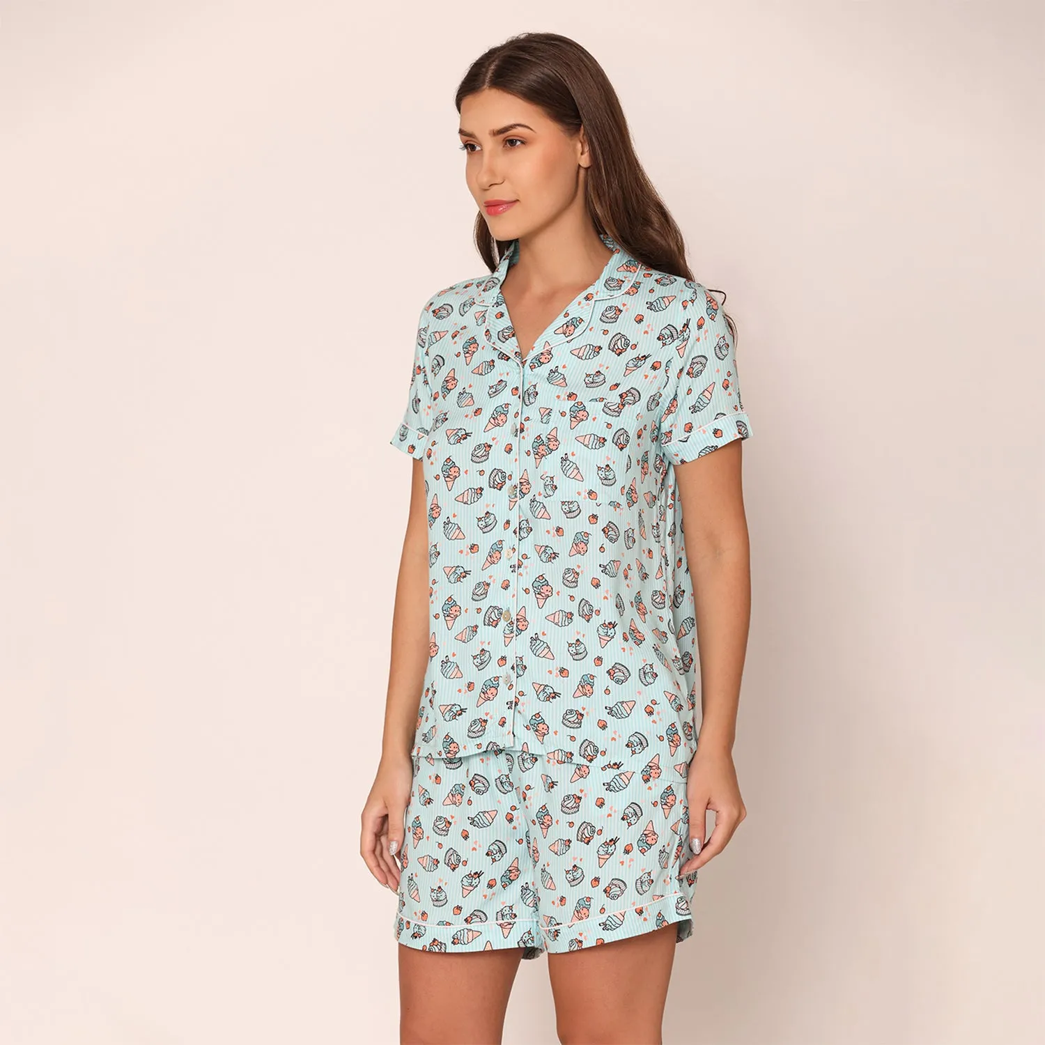 Women's Printed Shirt & Shorts Night Suit Set