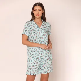 Women's Printed Shirt & Shorts Night Suit Set